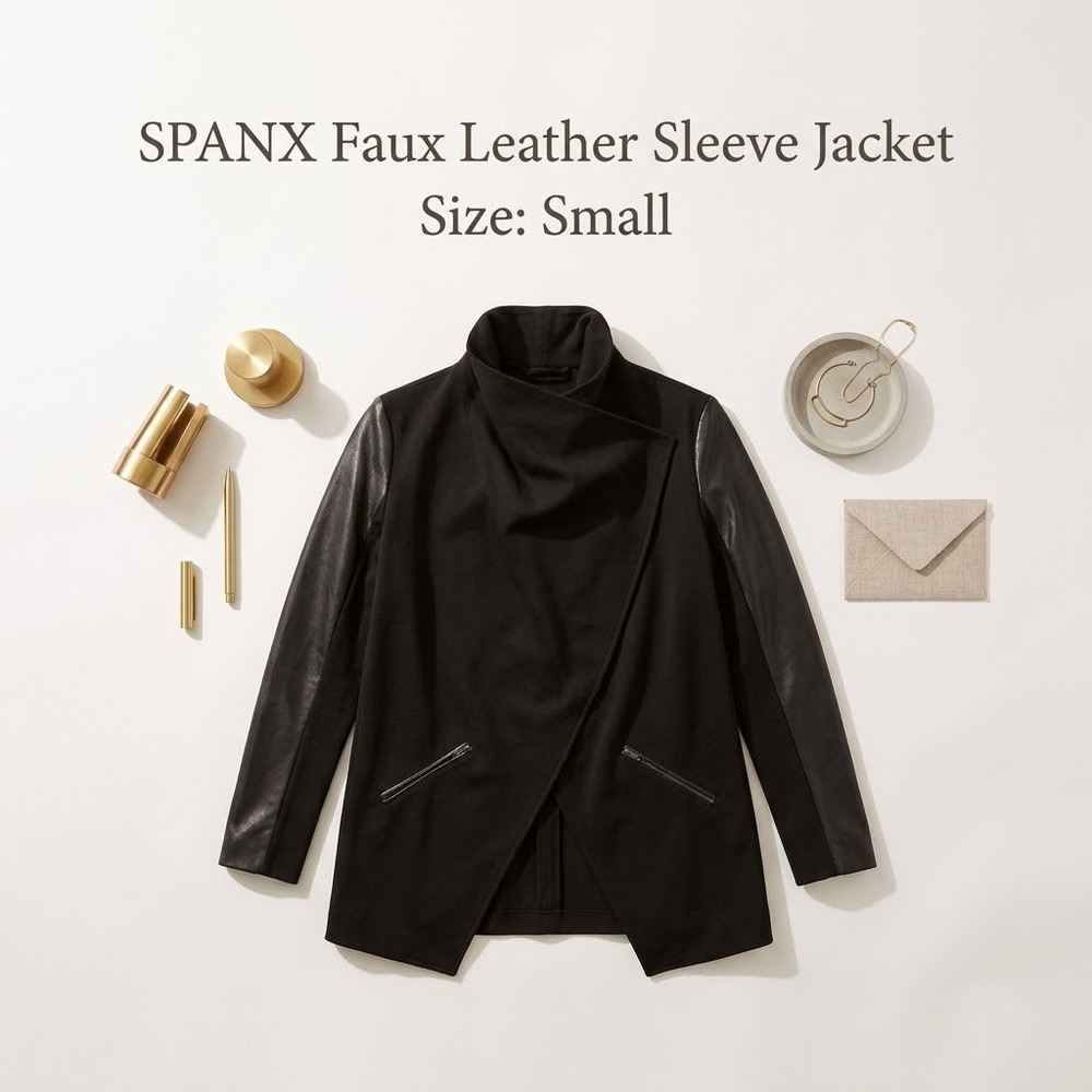 SPANX Faux Leather Sleeve Drape Front Jacket S Black